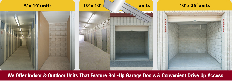 We offer indoor & outdoor units that feature roll-up garage doors & conventient drive up access. | Different size units